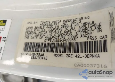 2012 Toyota Corolla S/Le из США, поврежденный, VIN 5YFBU4EE9CP039561